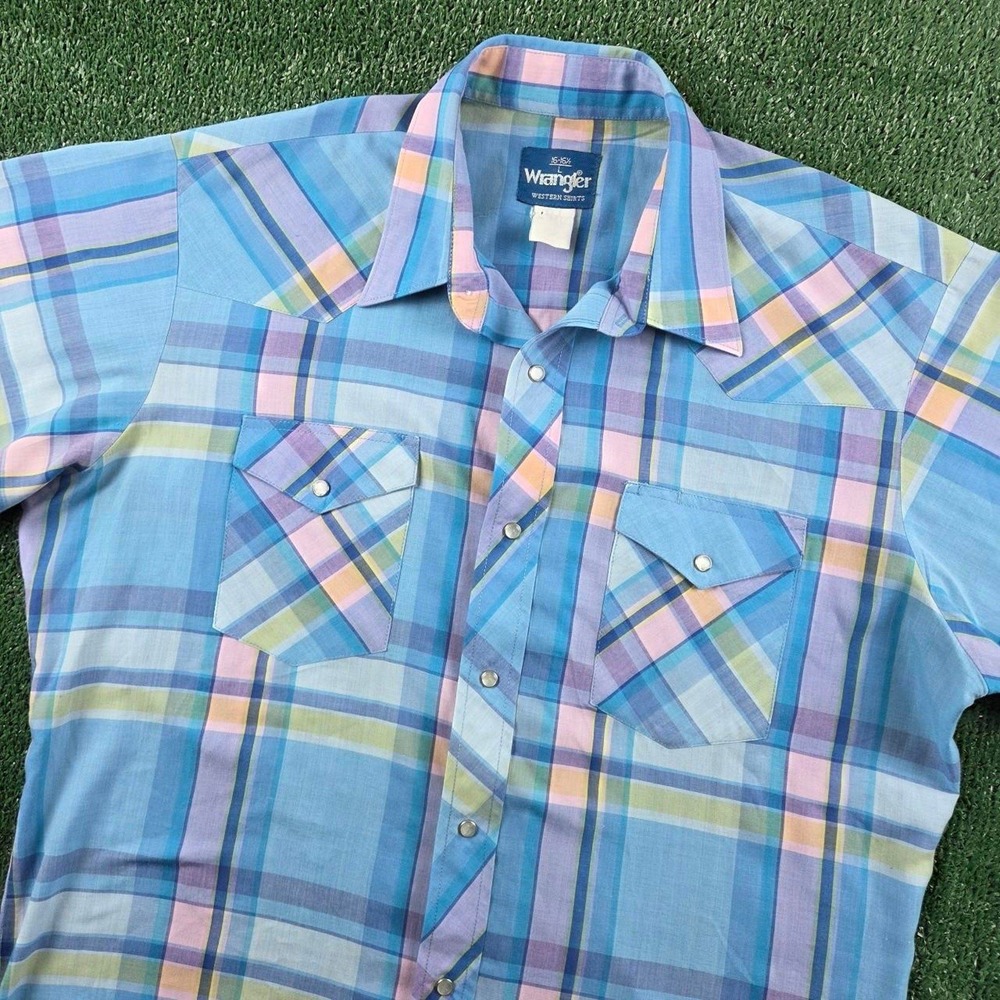 Wrangler Western Shirt Mens Large Blue Plaid Pearl Snap Short Sleeve Yoke Cowboy
